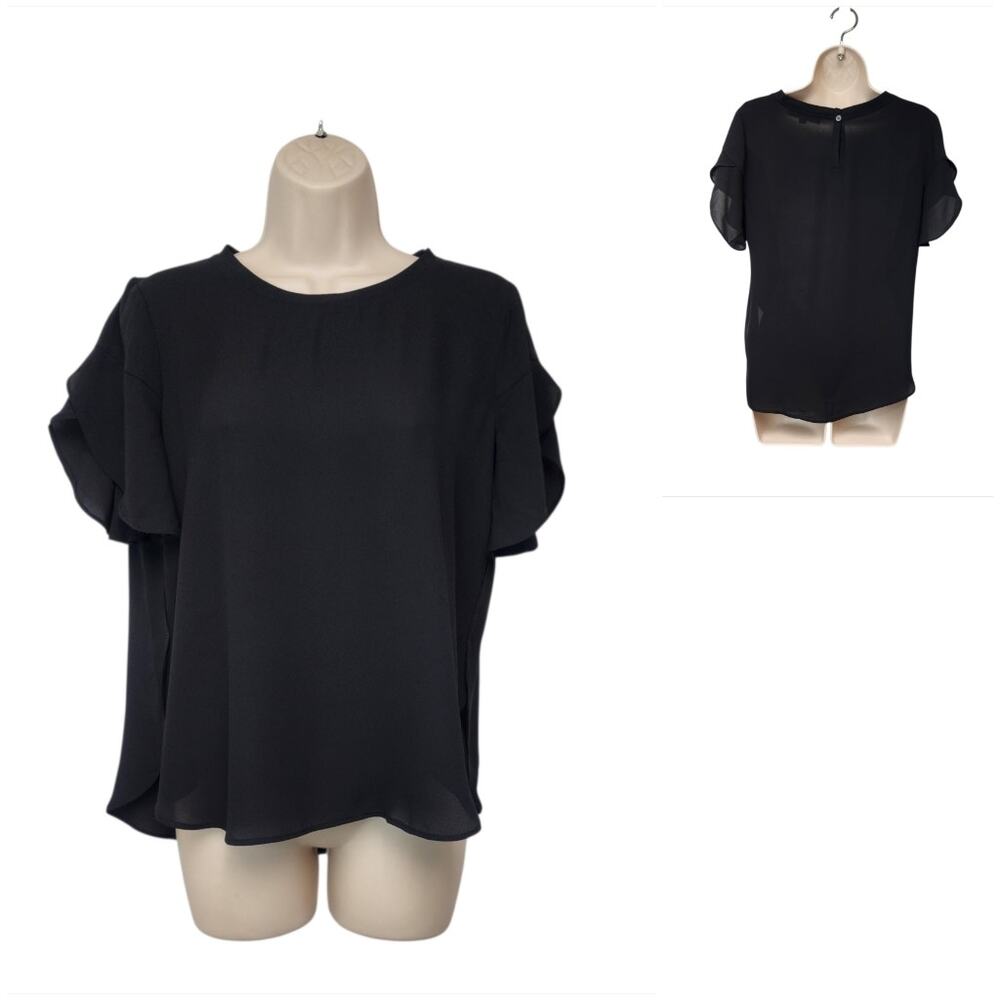 Ann Taylor Loft Women's Flowry Ruffle Short Sleeve Chiffon Black Blouse Size 6P